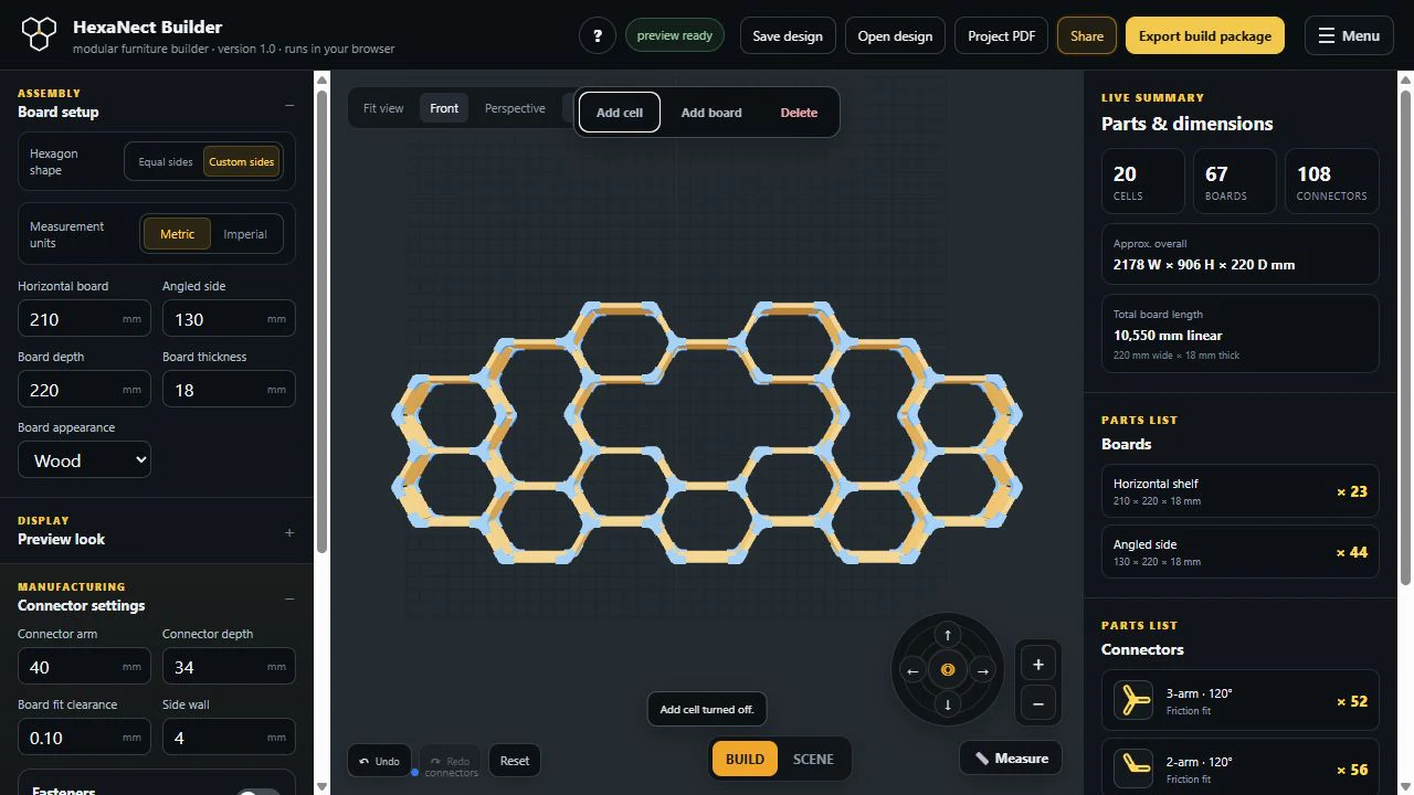 HexaNect Builder showing a modular shelf design with live board and connector parts lists