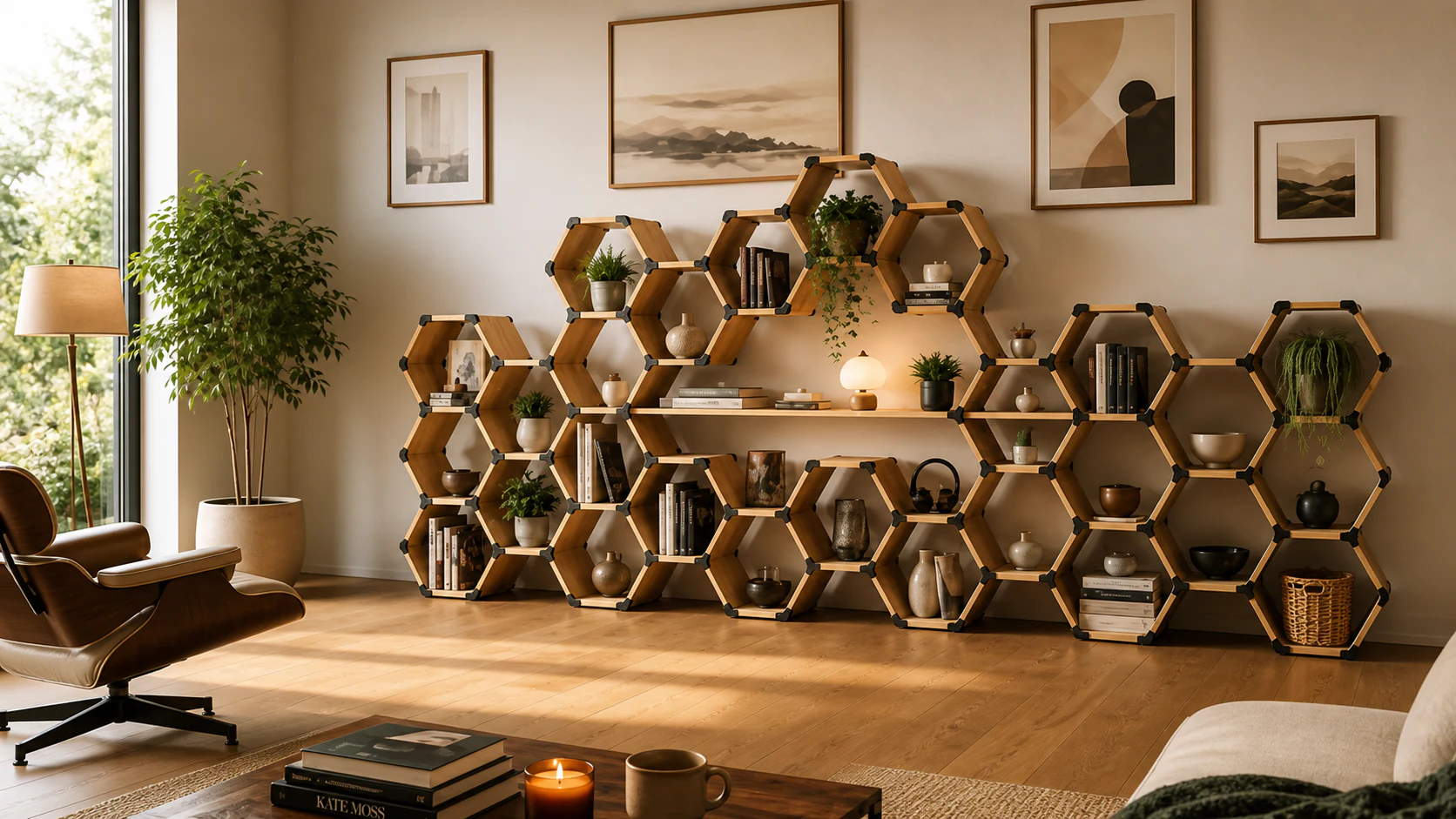 Rendered large HexaNect modular shelving project made from wood boards and dark 3D-printed connectors