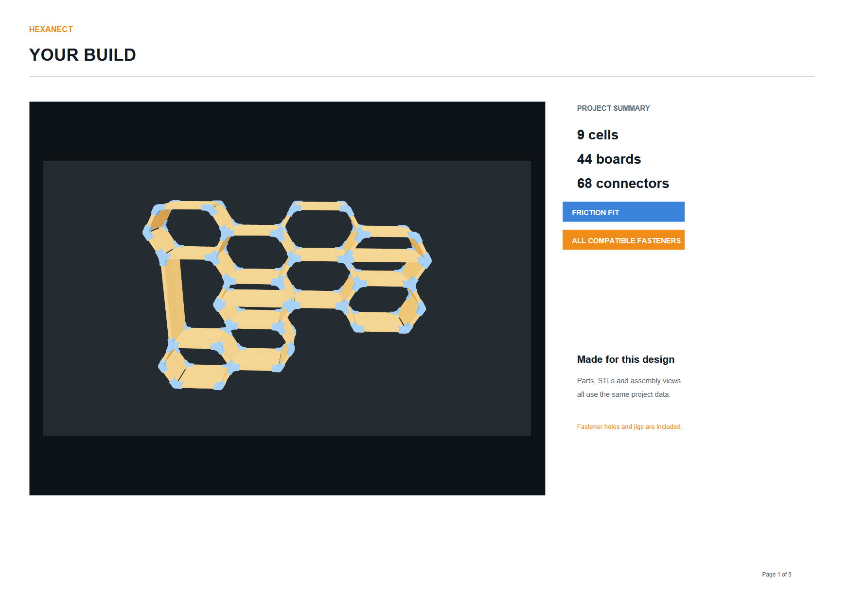 First page of an actual HexaNect project PDF with the build preview and project summary