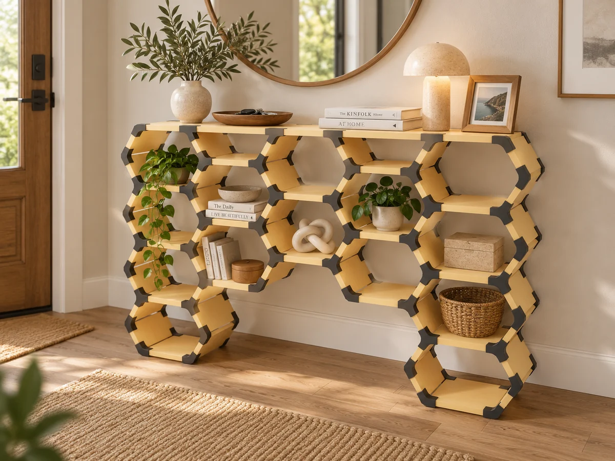 Rendered HexaNect entryway console holding a key tray, lamp, books, plants and a basket