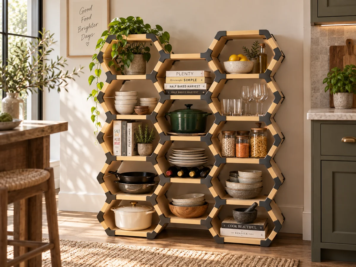 Rendered tall HexaNect kitchen shelving with cookbooks, bowls, jars and cookware