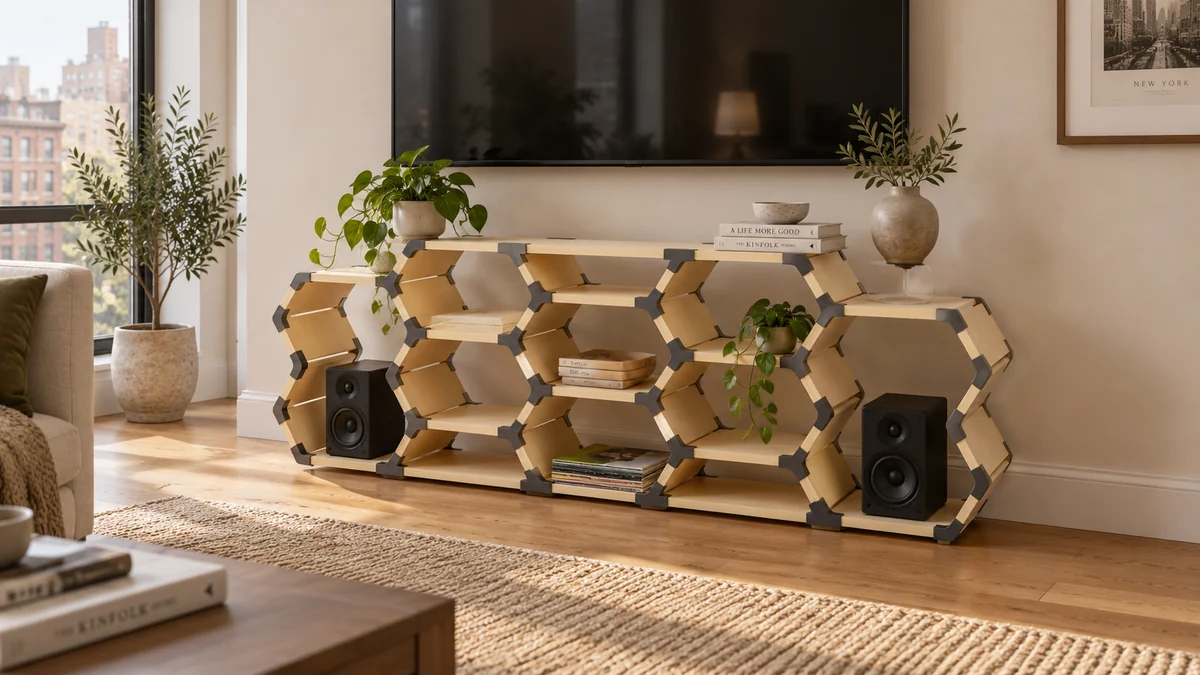 Rendered HexaNect media console below a wall-mounted TV, with speakers, records, books and plants